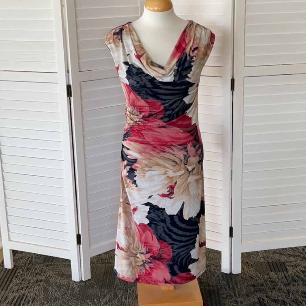 Elegant Pink and Blue Ruched Midi Sheath Dress with Cowl Neck for Cocktail